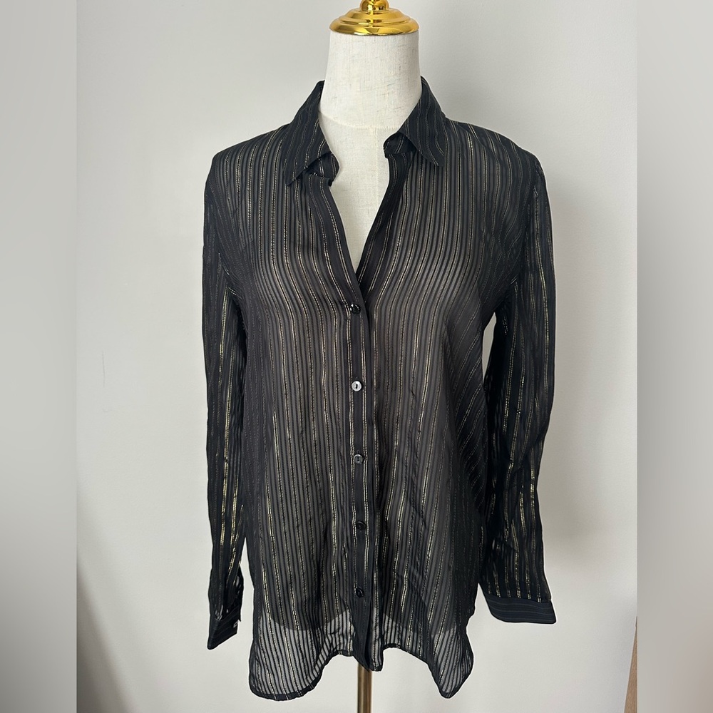 L’agence Sheer Black Striped Button-Down Blouse-S